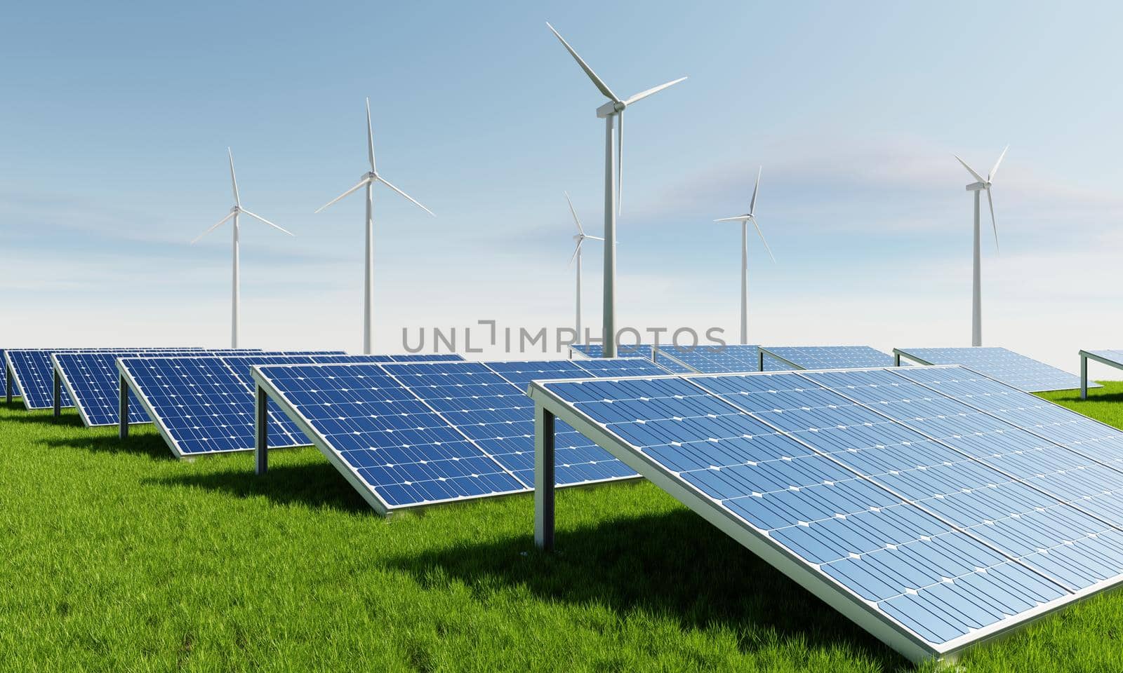 Solar panels with wind turbines for producing electric power supply with sky landscape background. Industry and renewable eco friendly power concept. 3D illustration rendering by MiniStocker