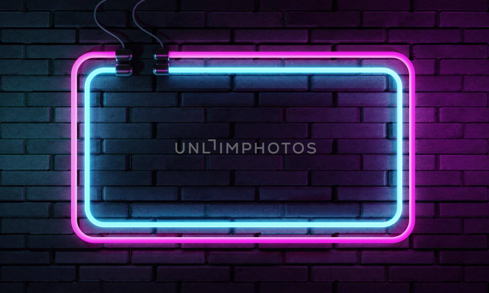 Neon sign banner with copy space on retro brick wall background. Abstract art and object concept. 3D illustration rendering
