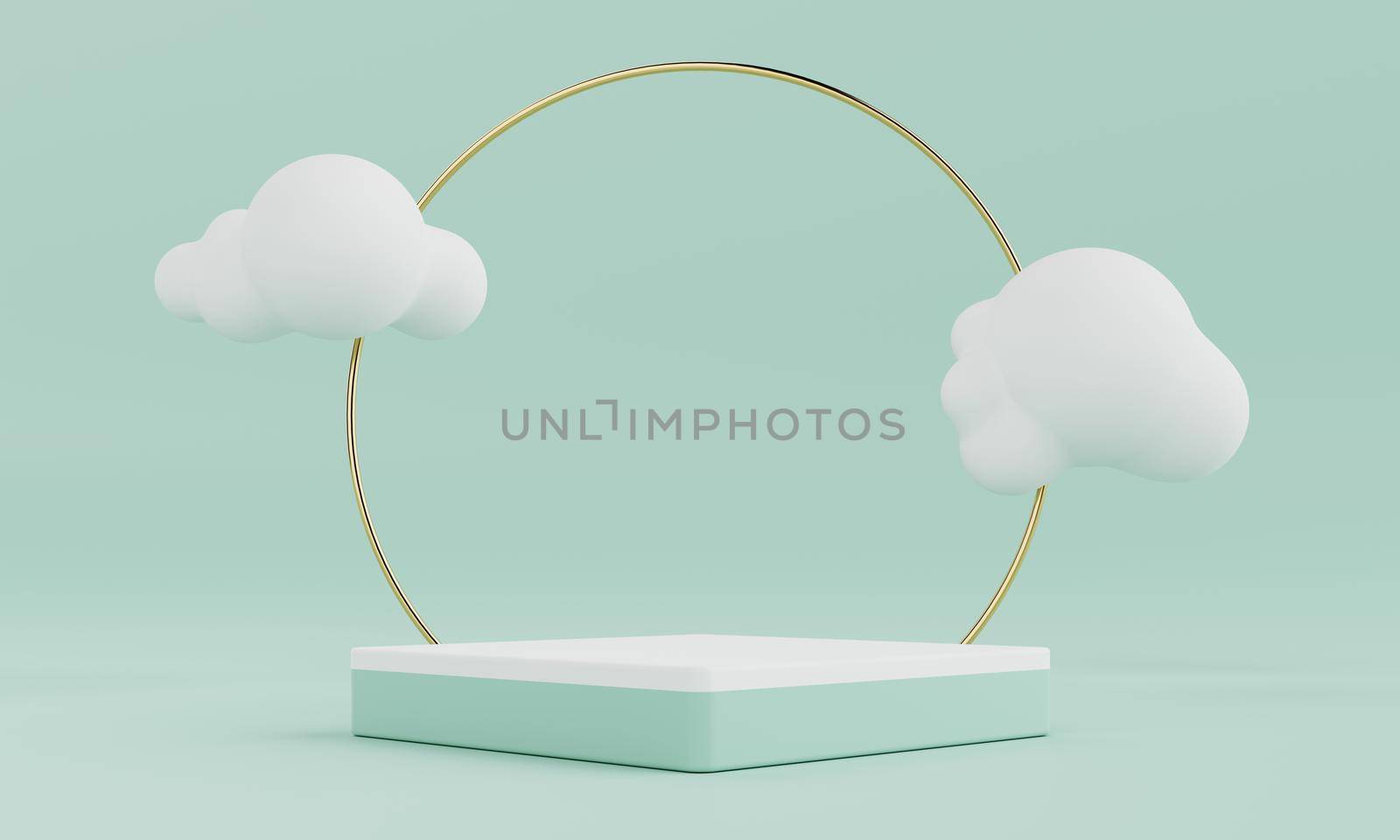 Minimal product podium stage in pastel green color and geometric shape and minimal cloud for presentation background. Abstract background and decoration template concept. 3D illustration rendering by MiniStocker