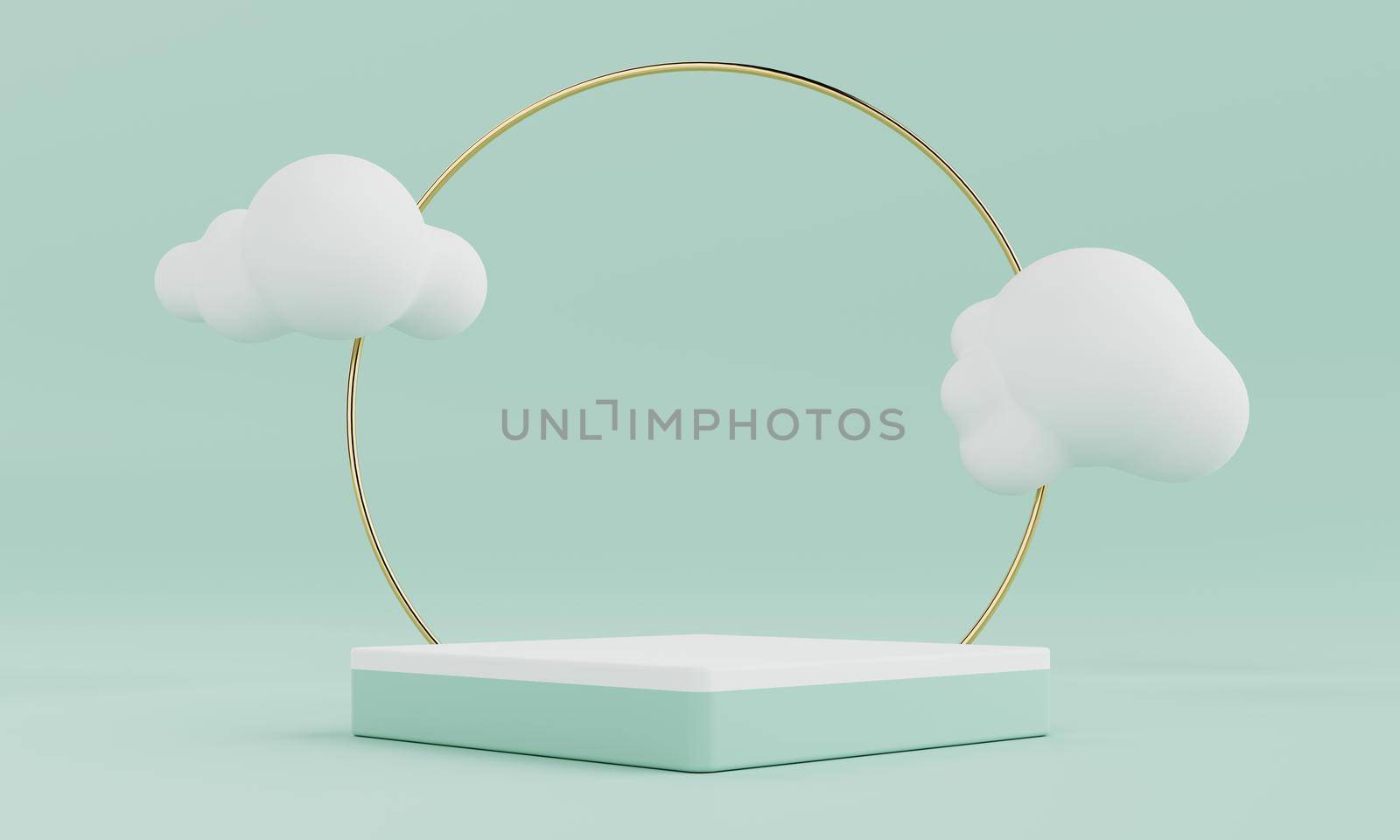 Minimal product podium stage in pastel green color and geometric shape and minimal cloud for presentation background. Abstract background and decoration template concept. 3D illustration rendering