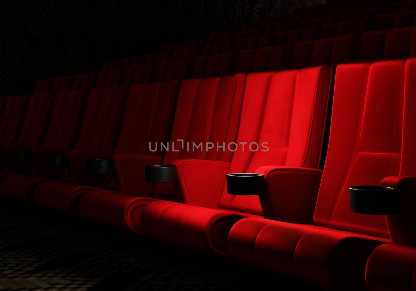 Rows of red velvet seats watching movies in the cinema with copy space banner background. Entertainment and Theater concept. 3D illustration rendering by MiniStocker