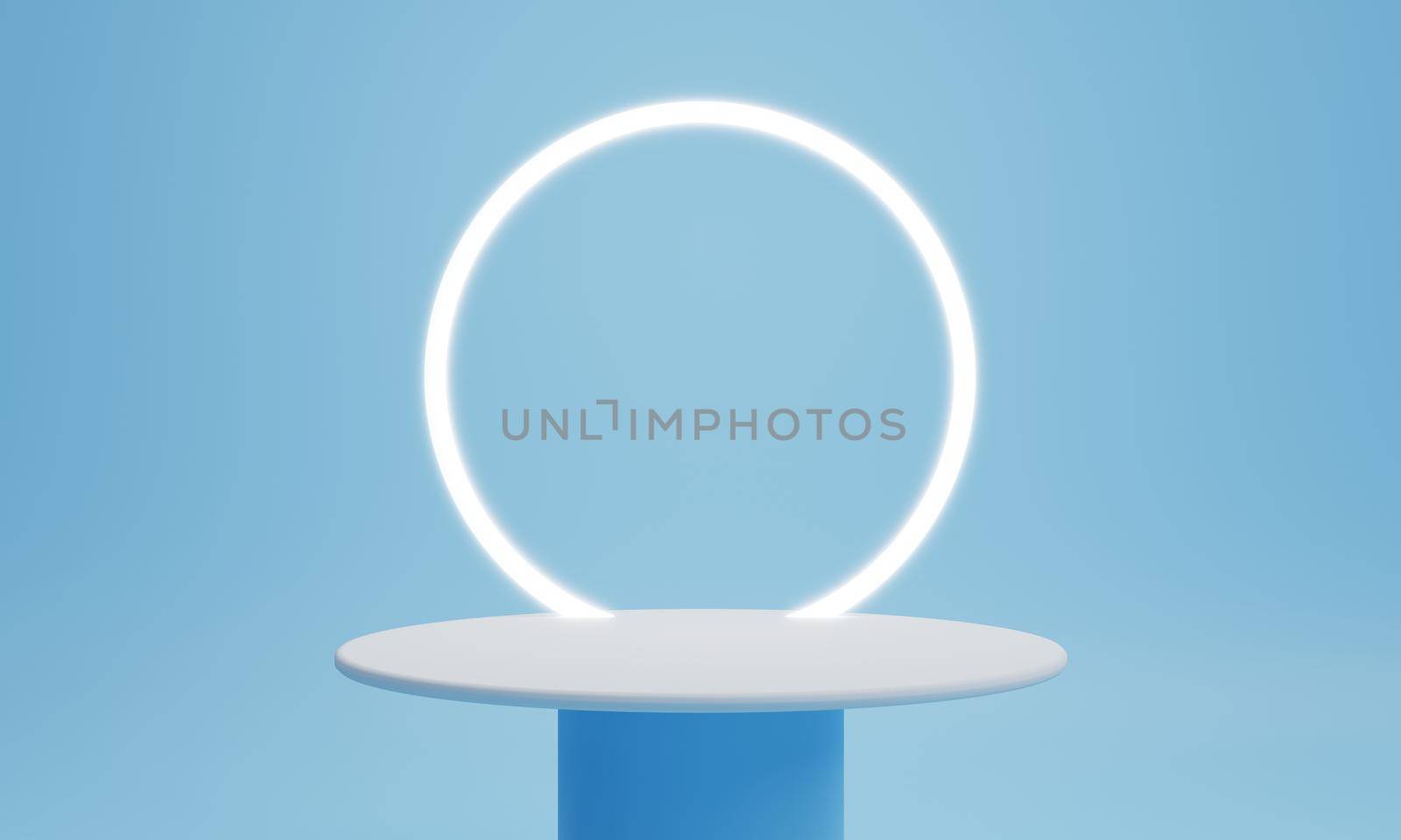 Minimal product podium stage with ring light in pastel blue white color and geometric shape for presentation background. Abstract background and decoration scene template. 3D illustration rendering by MiniStocker