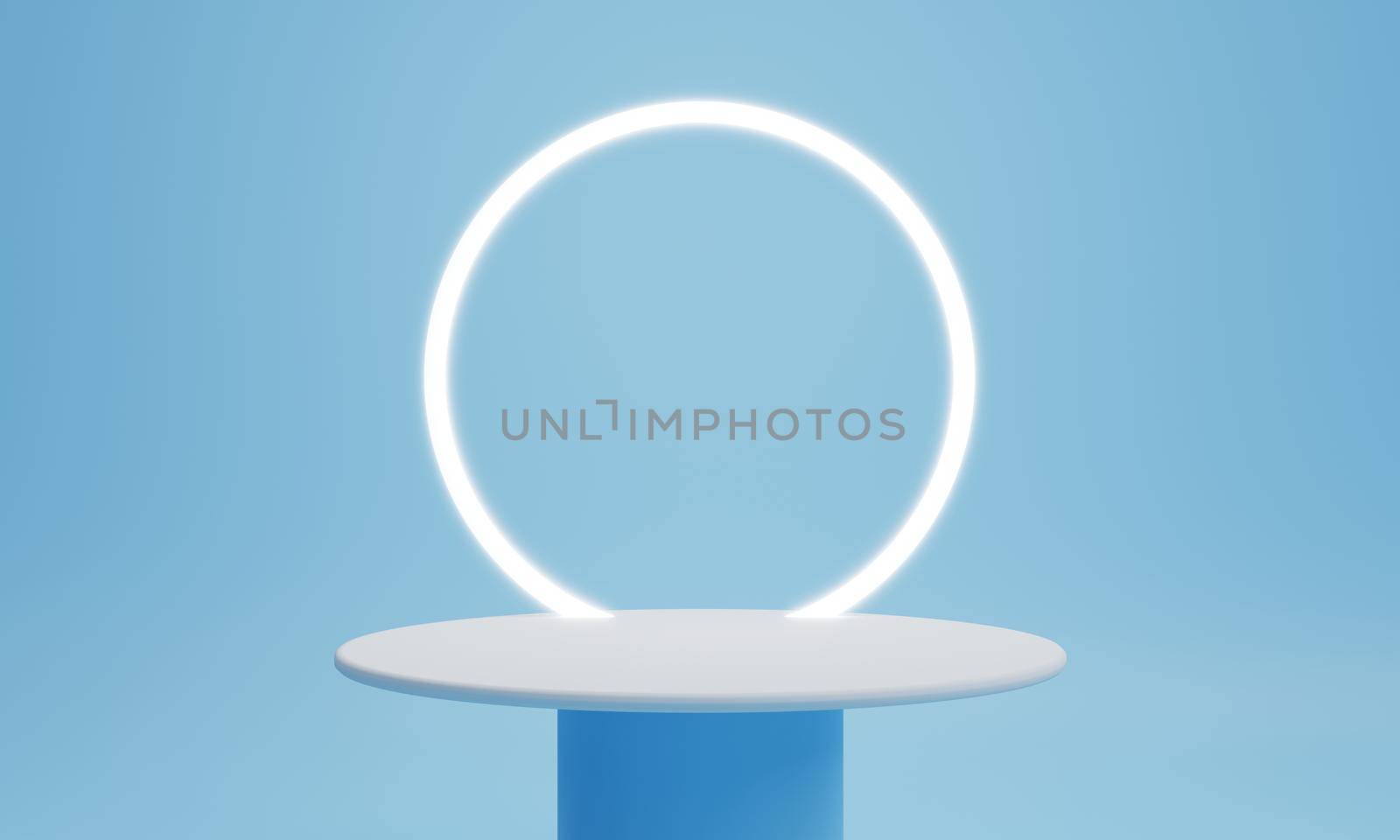 Minimal product podium stage with ring light in pastel blue white color and geometric shape for presentation background. Abstract background and decoration scene template. 3D illustration rendering