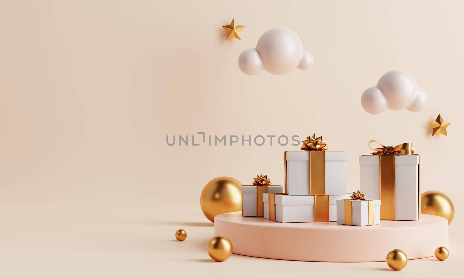 Minimal product podium with present gift boxes and clouds in Happy New year or Ramadan festival on coral color background. Holiday concept. 3D illustration rendering by MiniStocker