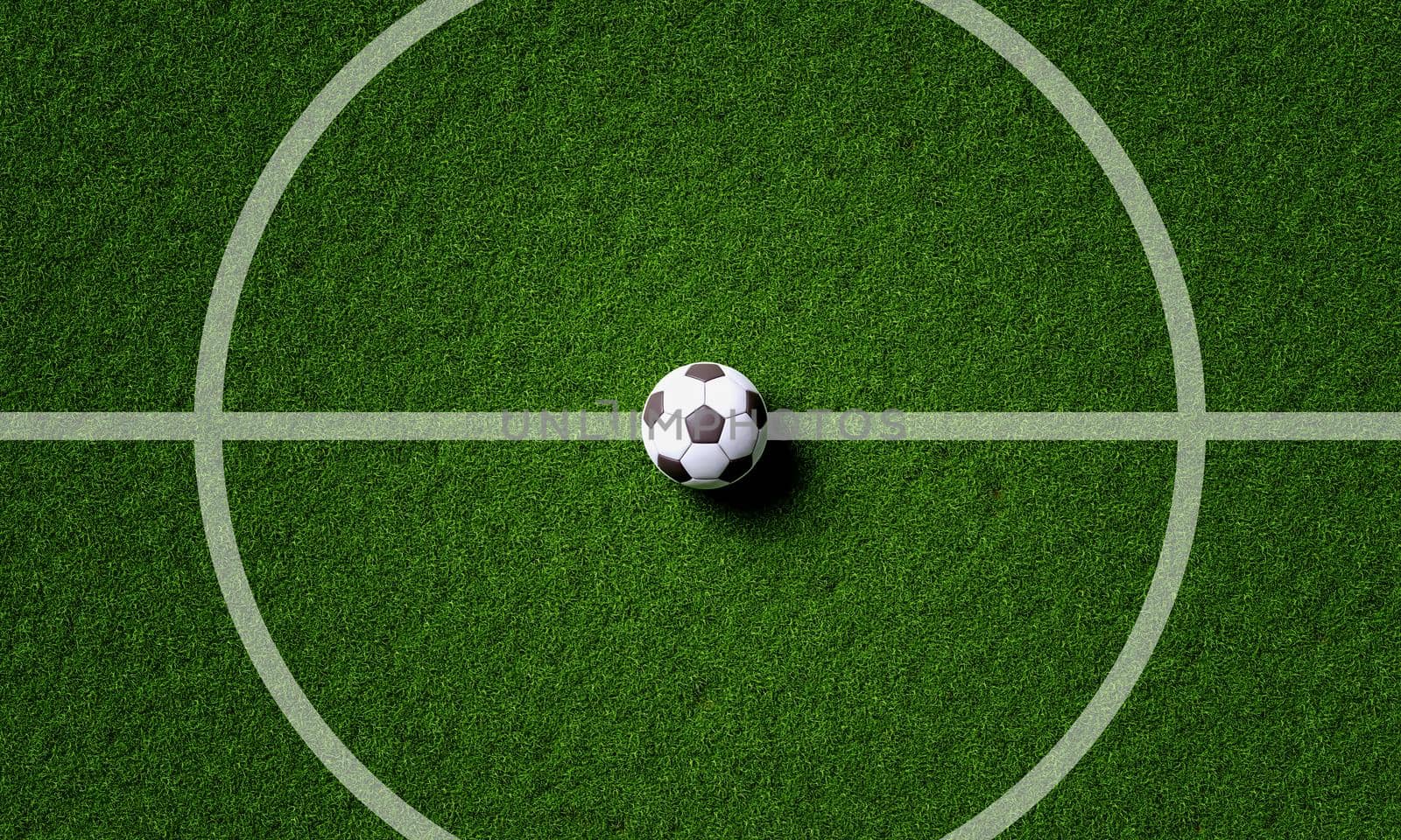 Soccer field center and ball in top view background. Sport and athletic concept. 3D illustration rendering by MiniStocker