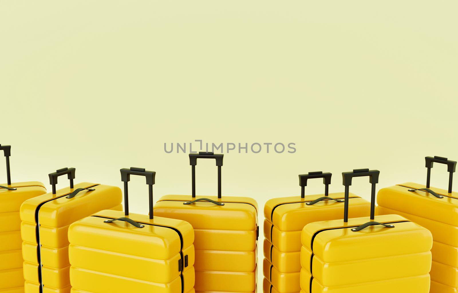 Group of yellow trolley suitcases on isolated background. Travel object and wanderlust concept. 3D illustration rendering