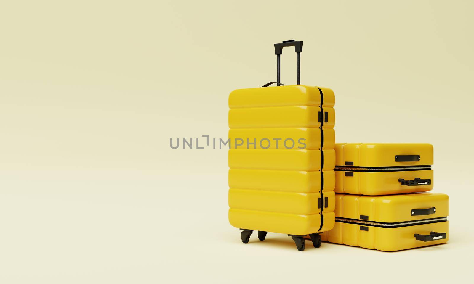 Yellow trolley suitcase on isolated background. Travel object and wanderlust concept. 3D illustration rendering