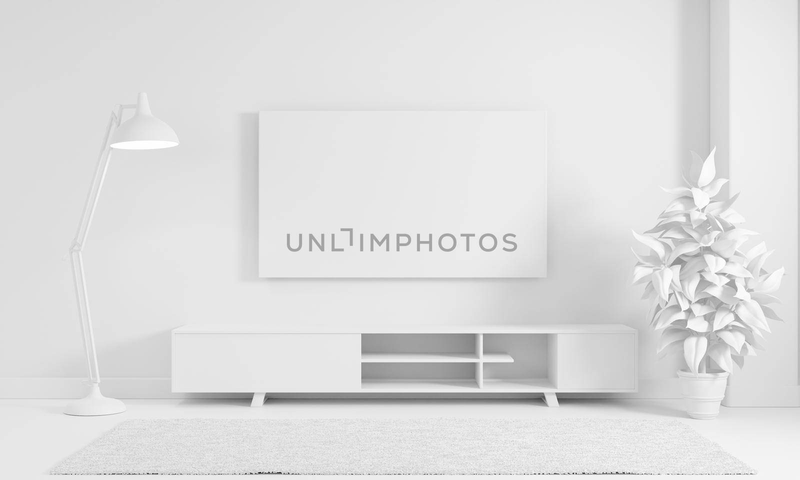 Modern living room in plain monochrome white color tone style background. Interior and architecture concept. 3D illustration rendering
