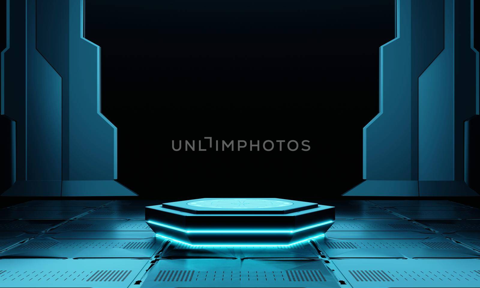 Cyberpunk blue empty hexagon podium in the dark spaceship with glowing light for product presentation. Technology and Sci-fi concept. 3D illustration rendering by MiniStocker