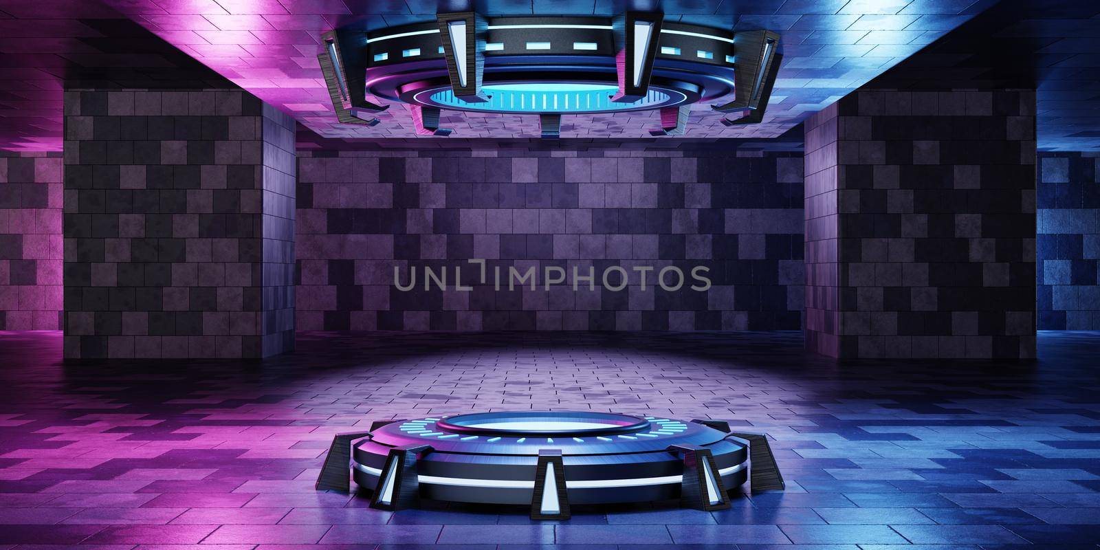 Inside spaceship laboratory with empty podium interior architecture with glowing neon for cyberpunk product presentation. Technology and Sci-fi concept. 3D illustration rendering