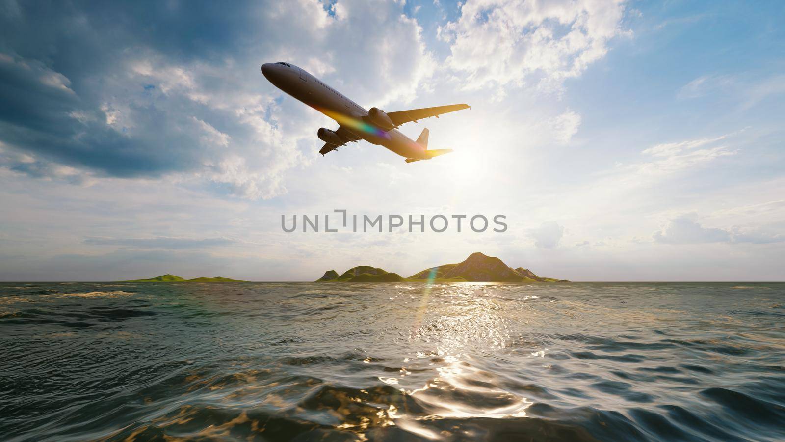 Airplane flying above the ocean sea with sunlight shining in blue sky background. Travel journey and Wanderlust transportation concept. 3D illustration rendering