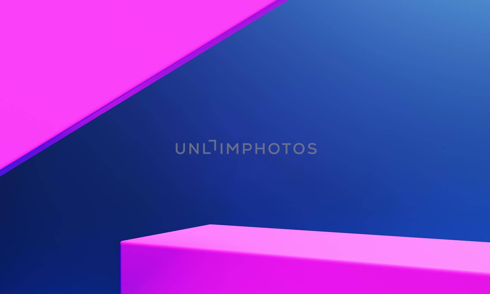 Abstract geometric podium stage in blue and pink color background. Wallpaper and minimalism concept. 3D illustration rendering