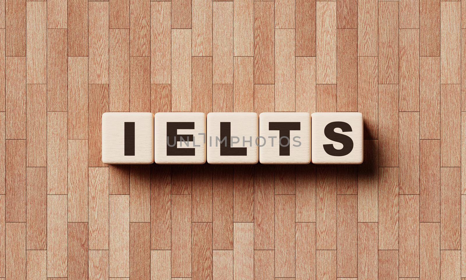 IELTS words from wooden blocks with letters Education courses and tests of English as a foreign language concept 3D illustration rendering