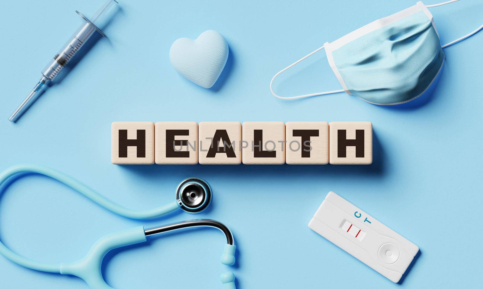 Health wooden word block cubes with medical equipment on blue paper background. Healthcare and healthy concept. 3D illustration rendering by MiniStocker