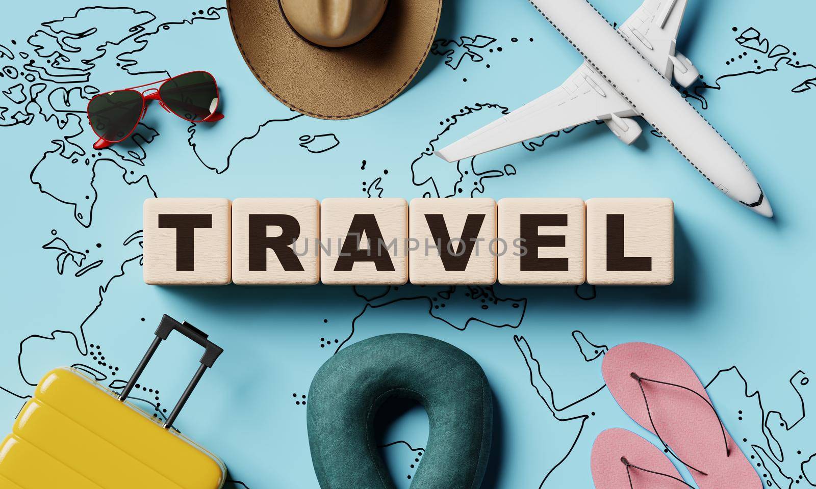 Travel wooden word block cubes with blue paper worldwide map and wanderlust equipment background. Fashion and popular concept. 3D illustration rendering