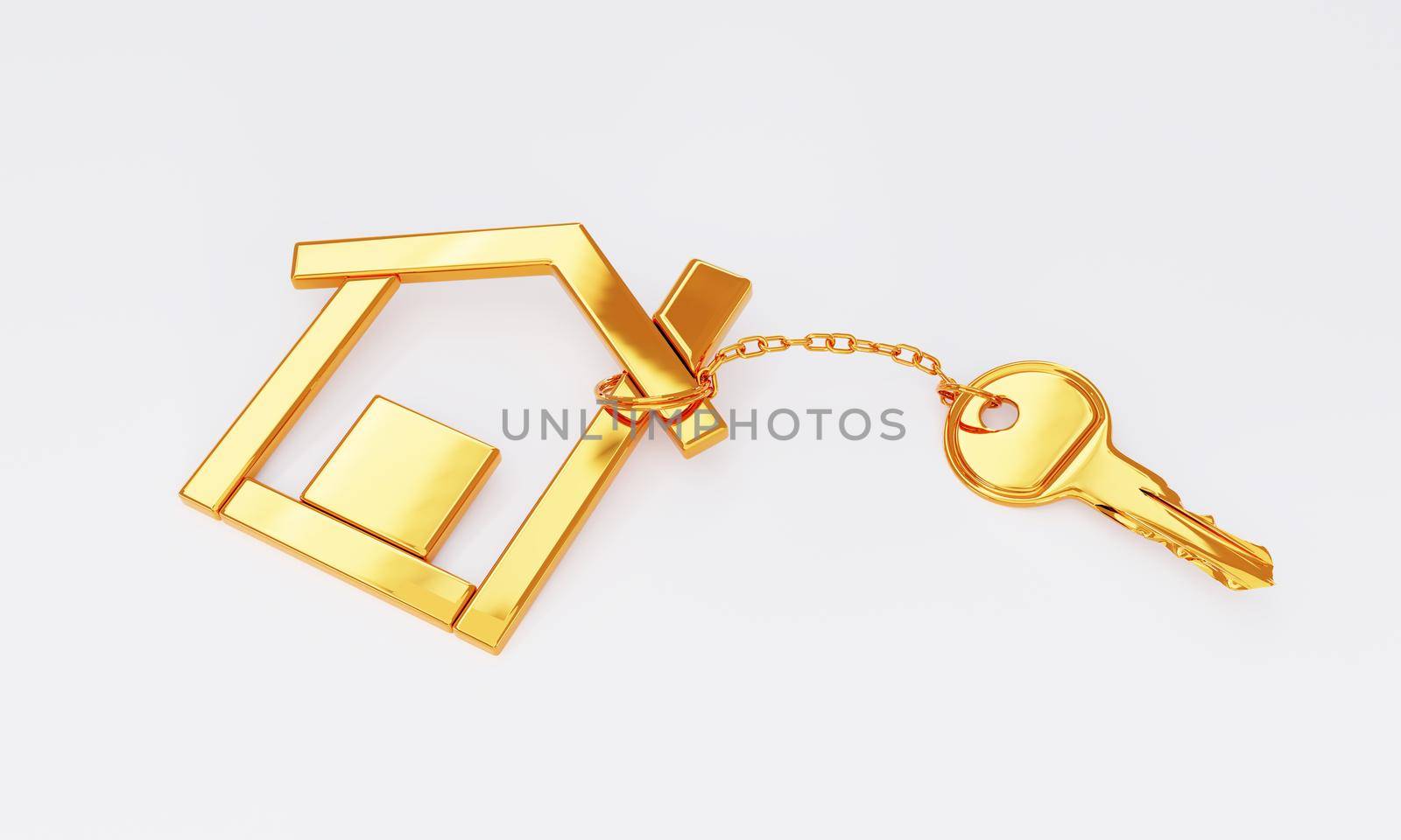 Gold key chain with golden modern house shape key holder on white background. Business construction and architecture concept. 3D illustration rendering