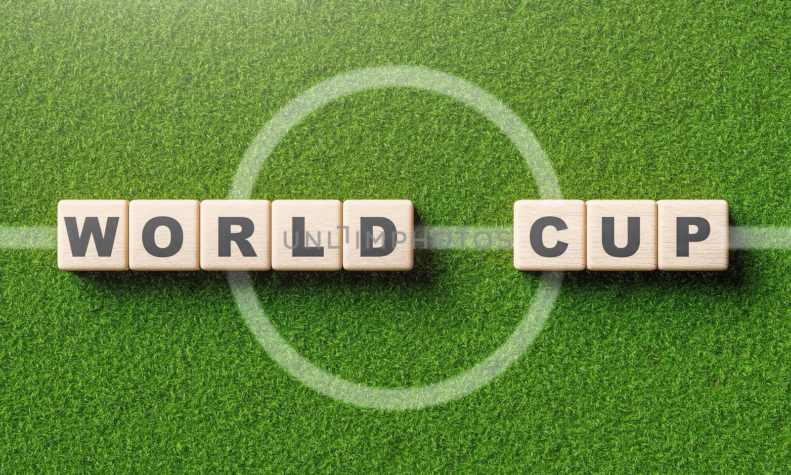 World cup word alphabet on wooden block cube in soccer field with center line. Sport and tournament concept. 3D illustration rendering