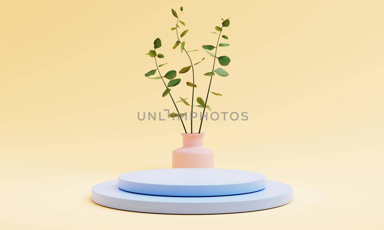 Blue pastel podium with houseplant vase on yellow background. Abstract wallpaper and Geometric concept. 3D illustration rendering by MiniStocker
