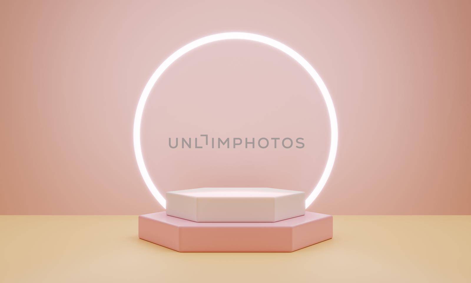 Minimal product podium stage with ring light pastel pink coral color and geometric hexagon shape for presentation background. Abstract background and decoration template. 3D illustration rendering