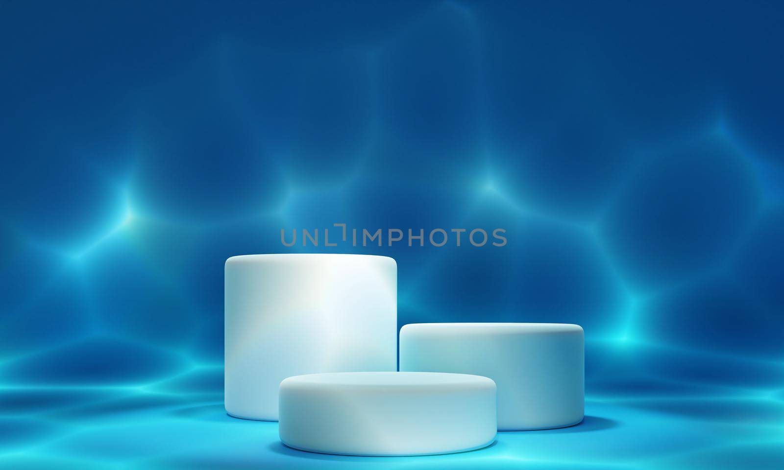 Minimal white podium under the deep blue sea with ripple shadow sunlight background. Nature and seascape ocean concept. 3D illustration rendering