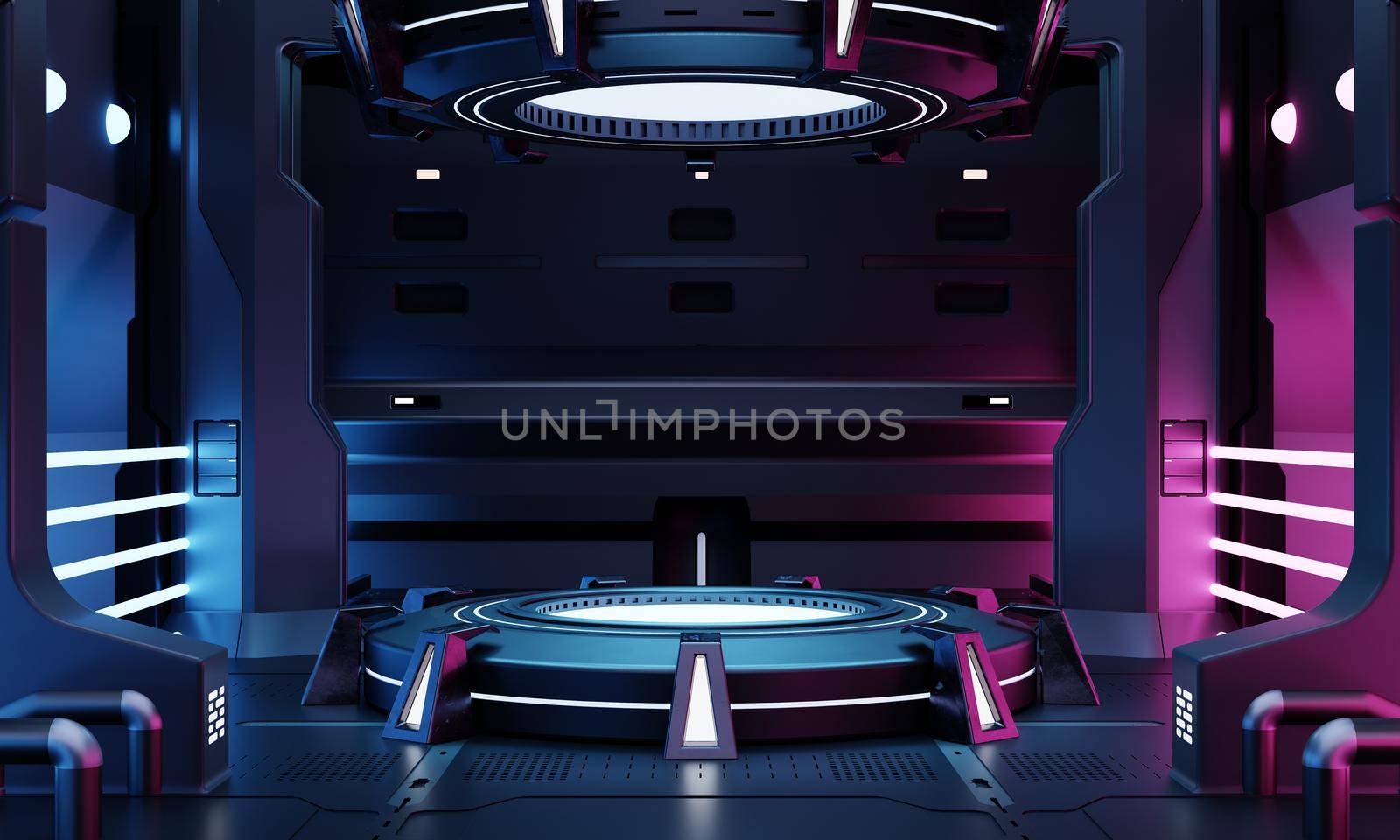 Cyberpunk sci-fi product podium showcase in empty spaceship room with blue and pink background. Cosmos space technology and entertainment object concept. 3D illustration rendering