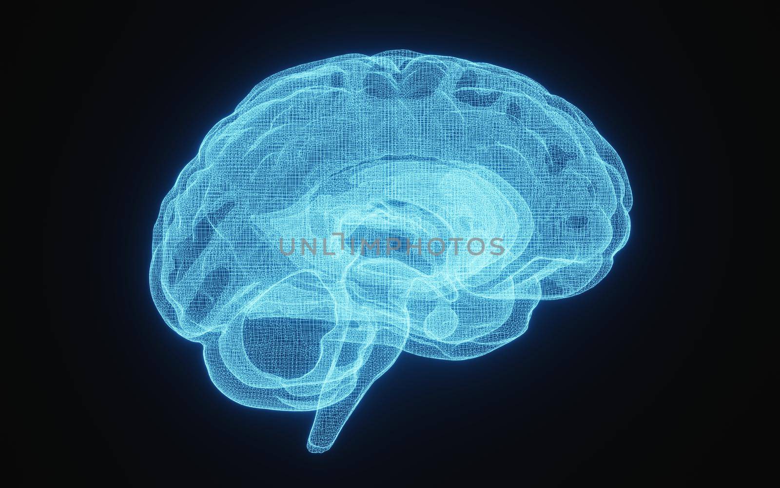 Glowing X-ray image of human brain in blue wireframe on isolated black background. Science and medical concept. Side of brain. 3D illustration rendering by MiniStocker