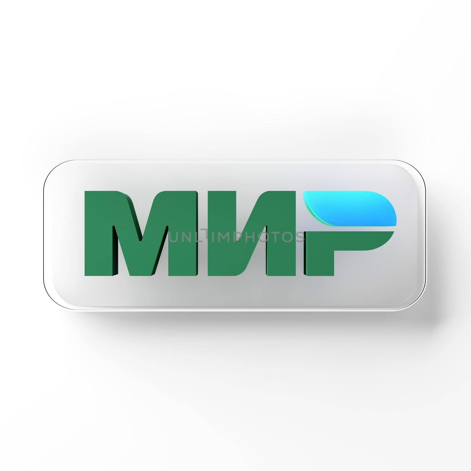 Chonburi, Thailand - JUN 25, 2022: Closeup MIR Pay system logo on isolated white background. Russian payment system for electronic fund transfers established by Central Bank of Russia. 3D rendering