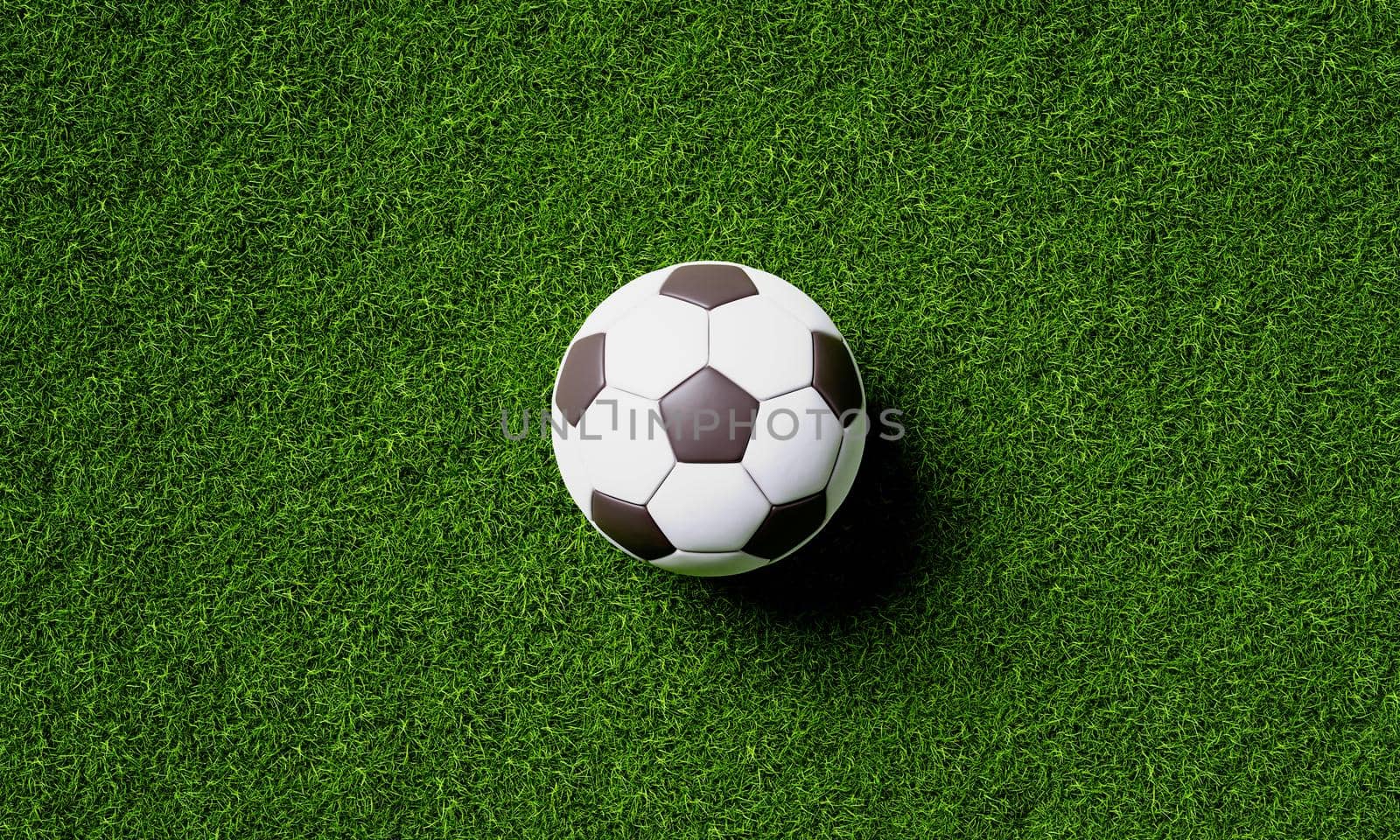 Soccer field on center and ball in top view background. Sport and athletic concept. 3D illustration rendering