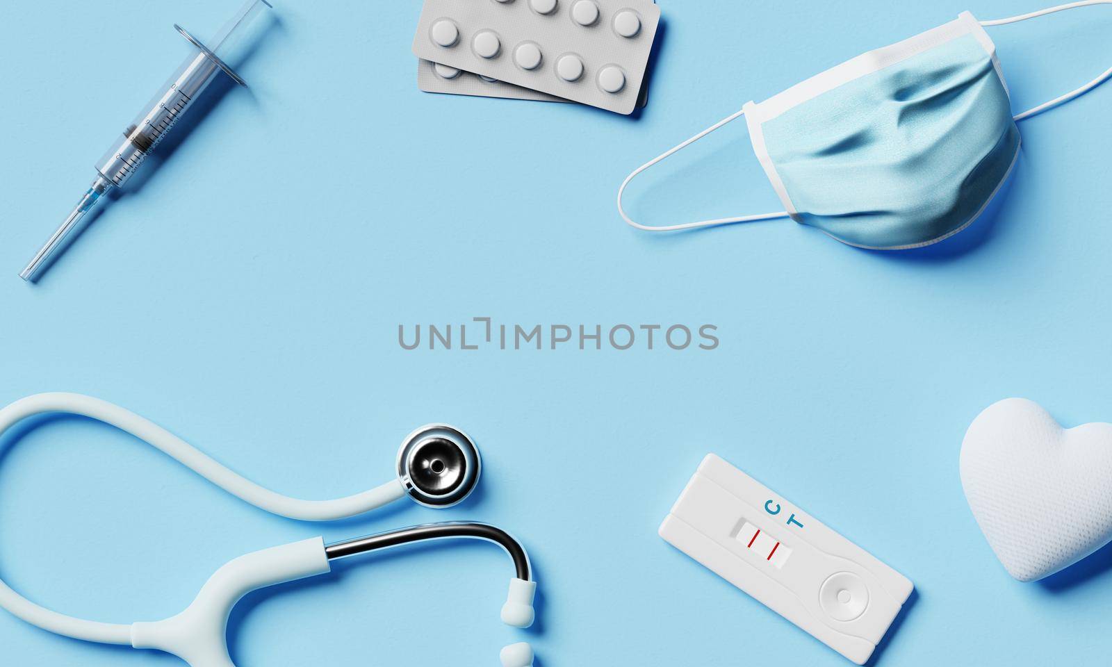 Health props and tools with medical equipment on blue paper background. Healthcare and healthy concept. 3D illustration rendering by MiniStocker