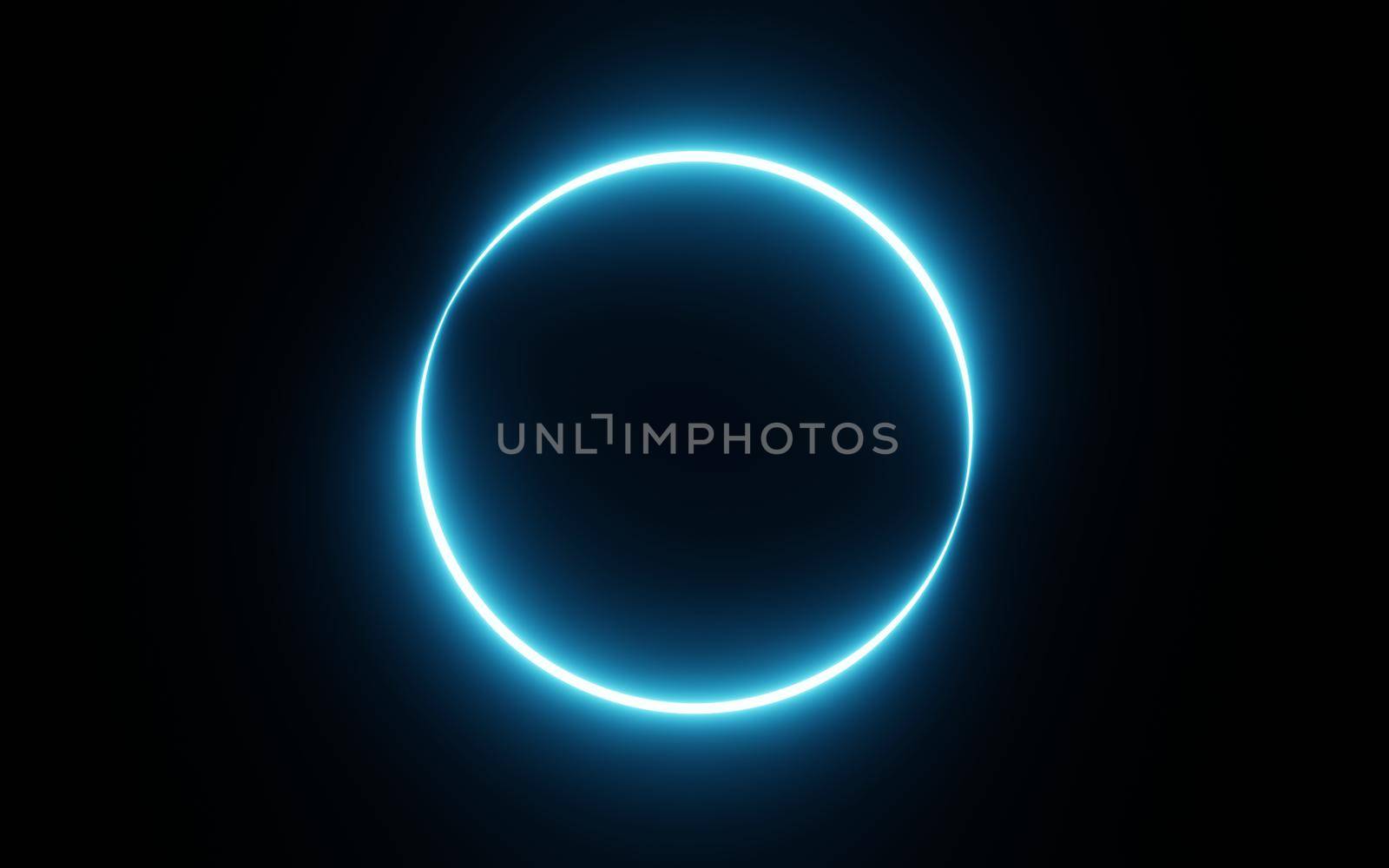 Round circle picture frame with blue tone neon color shade motion graphic on isolated black background. Blue and pink light moving for overlay element. 3D illustration rendering. Empty space in middle