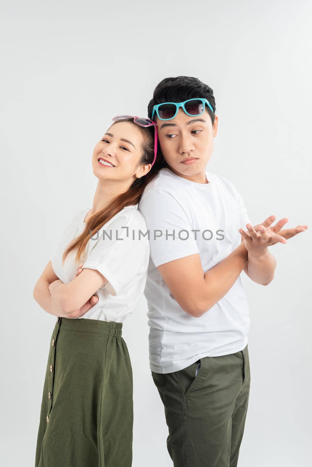 young couple in white T-shirts, emotions, free place