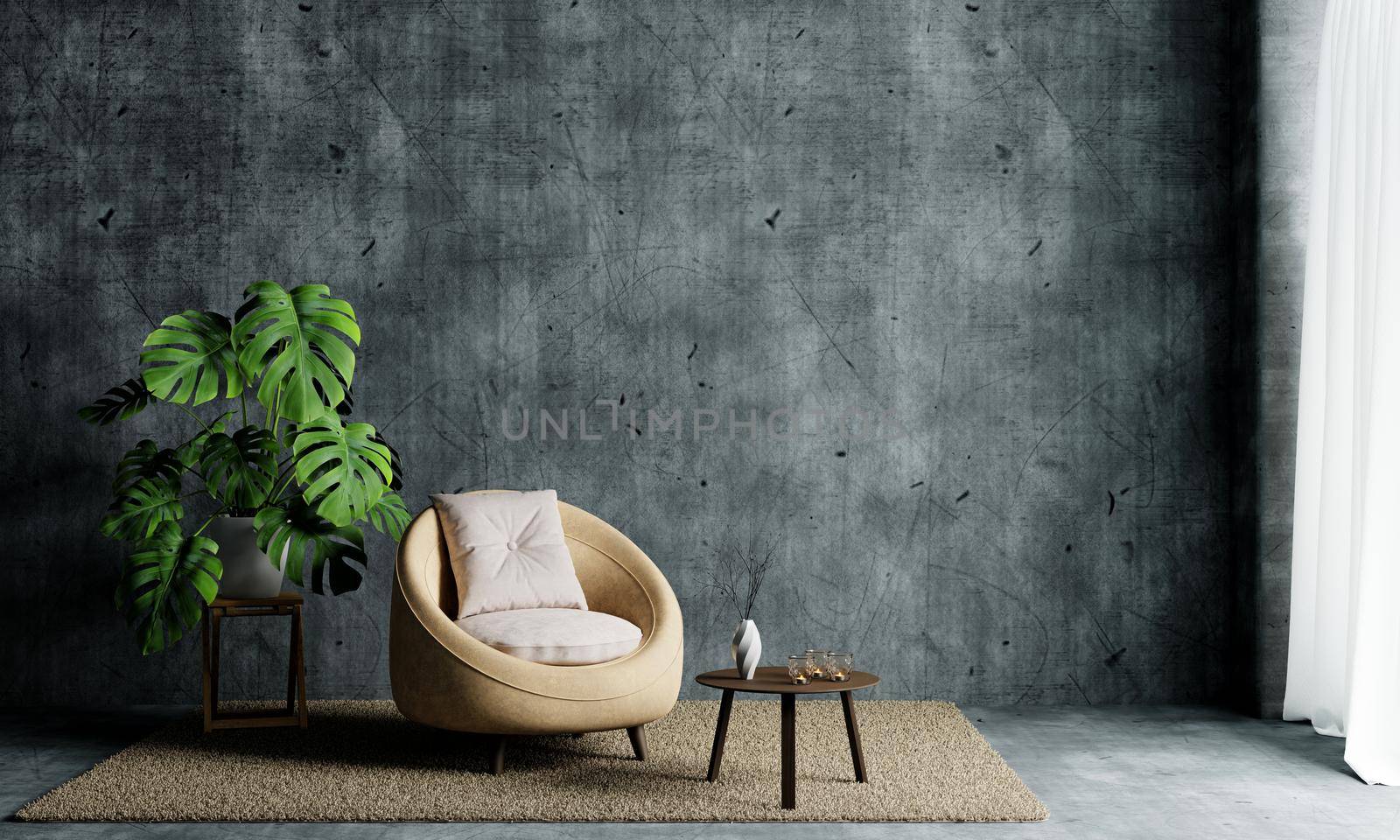 Living room with armchair sofa and Monstera plant on empty and copy space loft concrete wall background. Interior and architecture concept. 3D illustration rendering