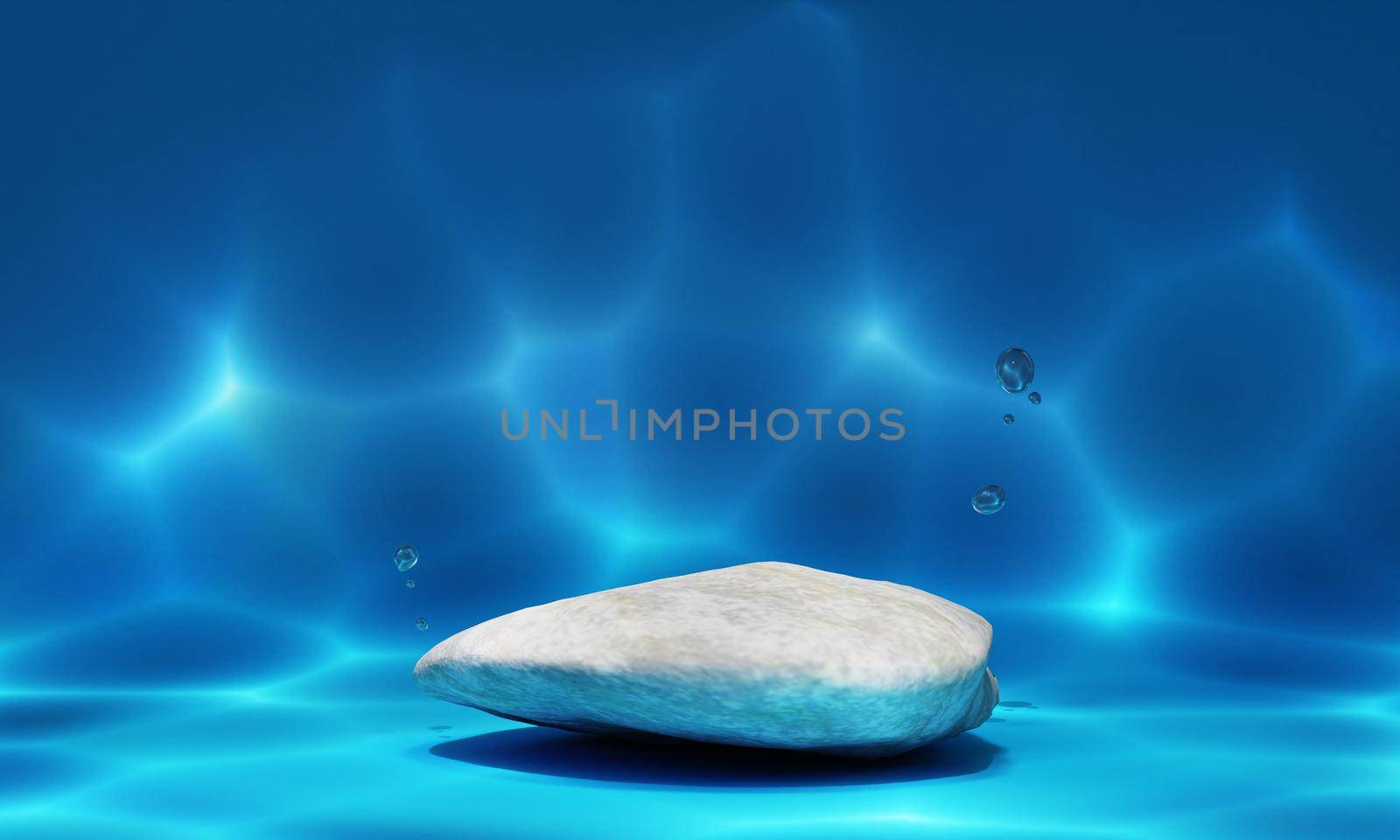 White rock product podium under the deep blue sea with ripple shadow sunlight background. Nature and seascape ocean concept. 3D illustration rendering	 by MiniStocker