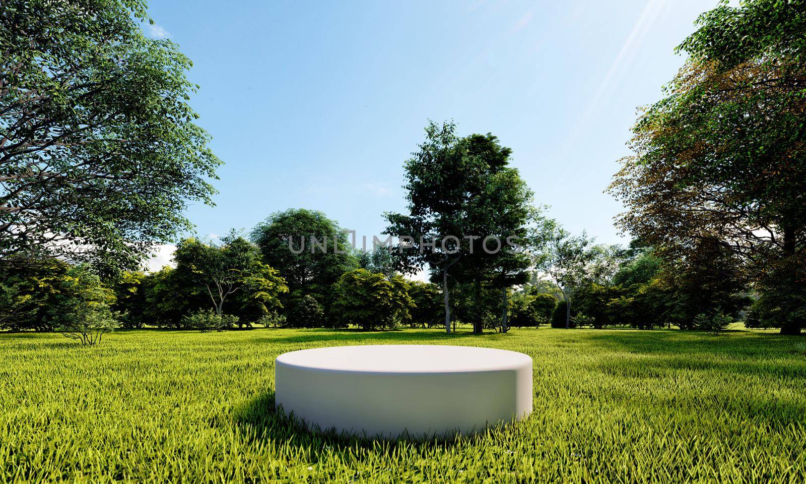 White minimal podium in natural public park background. Abstract and nature concept. 3D illustration rendering