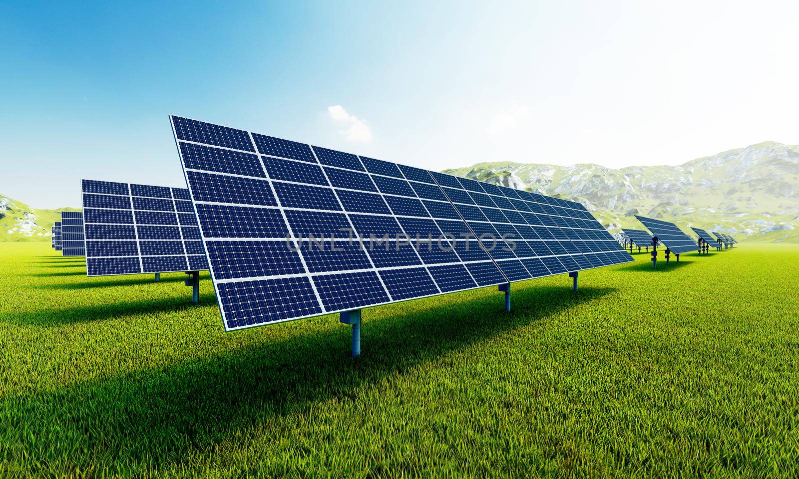 Solar power station with solar panels for producing electric power energy by green power. Technology and electrical industrial power plant concept. 3D illustration rendering