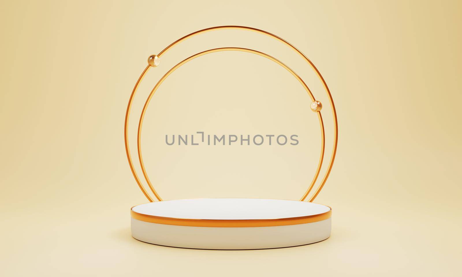Minimal product podium stage with yellow pastel color and golden ring frame in geometric shape for presentation background. Abstract background and decoration scene template. 3D illustration rendering