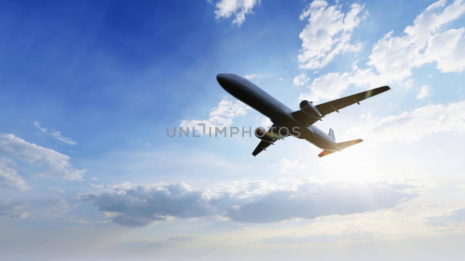 Airplane flying in the air with sunlight shining in blue sky background. Travel journey and Wanderlust transportation concept. 3D illustration rendering