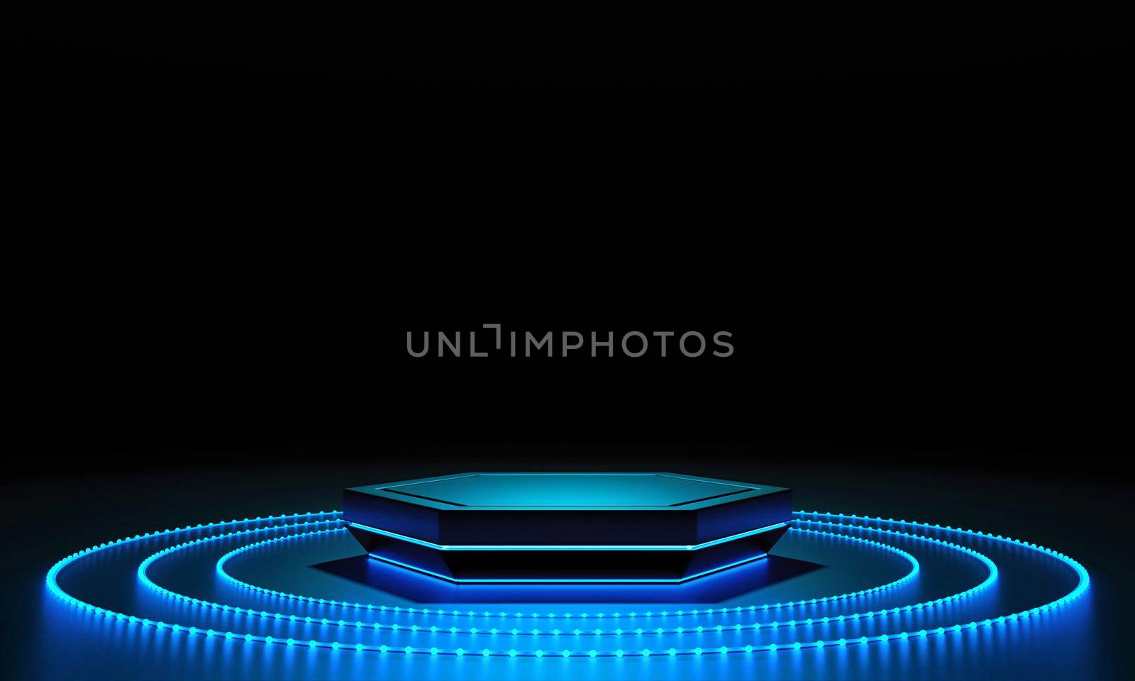 Cyberpunk blue empty podium with glowing sphere ball ring lamps in the dark for product presentation. Technology and Sci-fi concept. 3D illustration rendering by MiniStocker