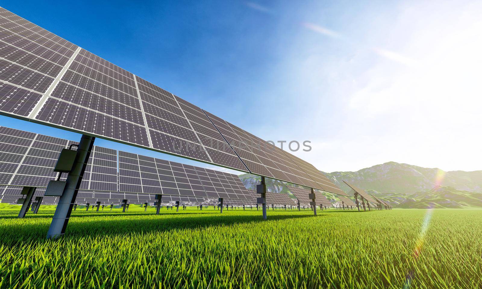 Solar power station with solar panels for producing electric power energy by green power. Technology and electrical industrial power plant concept. 3D illustration rendering