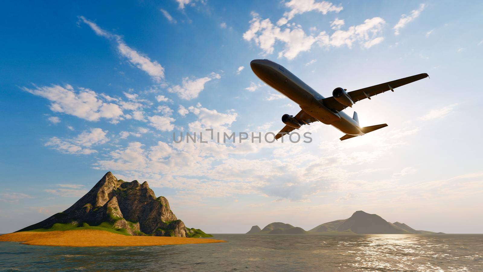 Airplane flying above the ocean sea with sunlight shining in blue sky background. Travel journey and Wanderlust transportation concept. 3D illustration rendering