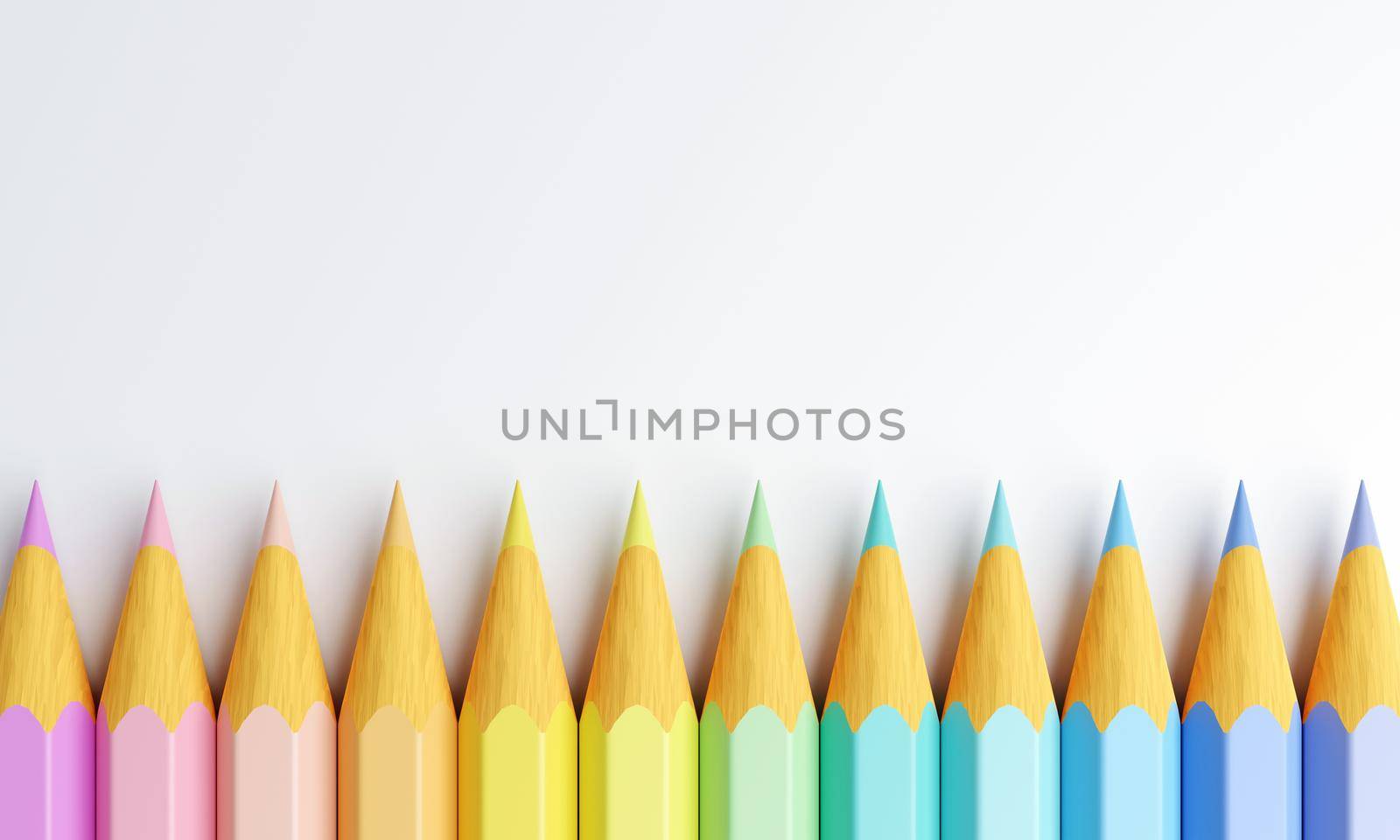 Colored pencils with copy space background. Multi-Colors pencils on white background. Education learning in art class and Back to school concept. 3D illustration rendering by MiniStocker