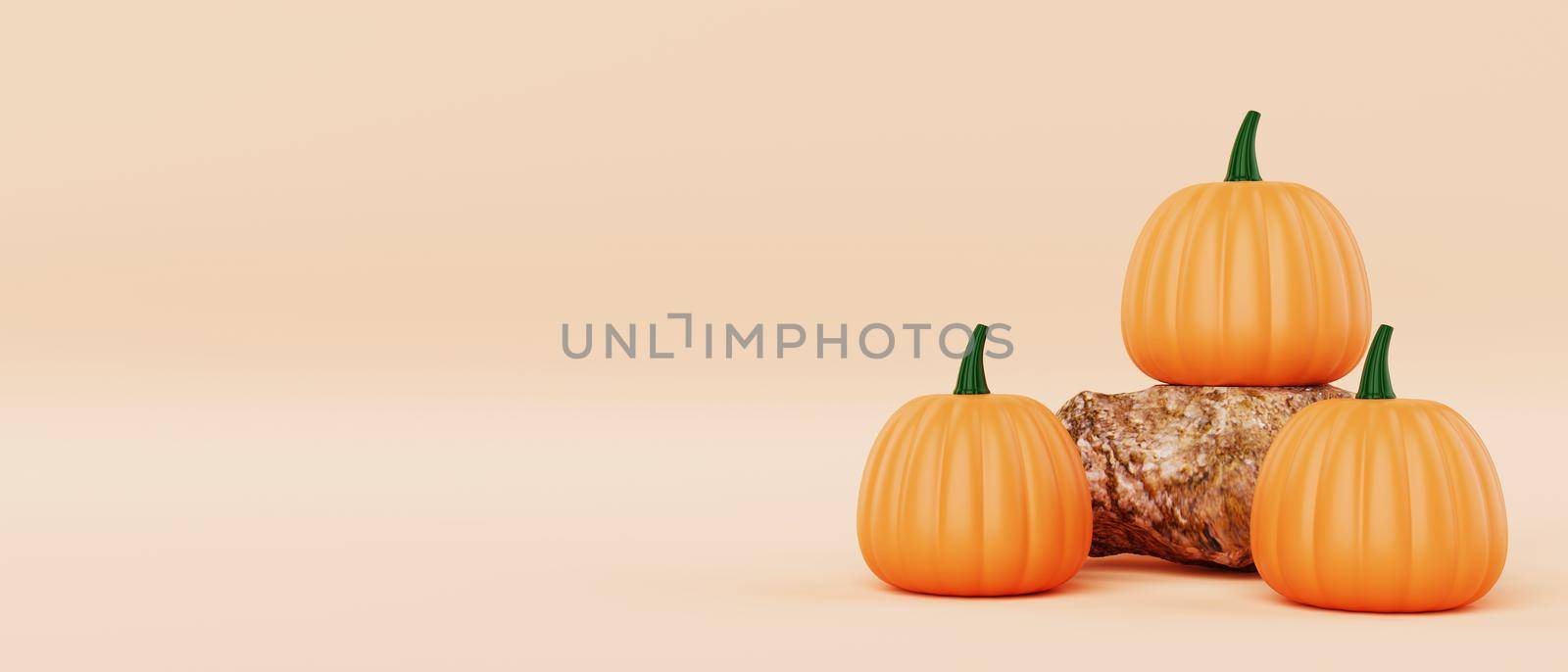 Pumpkins on the rock on orange background. Halloween and vegetable object concept. 3D illustration rendering