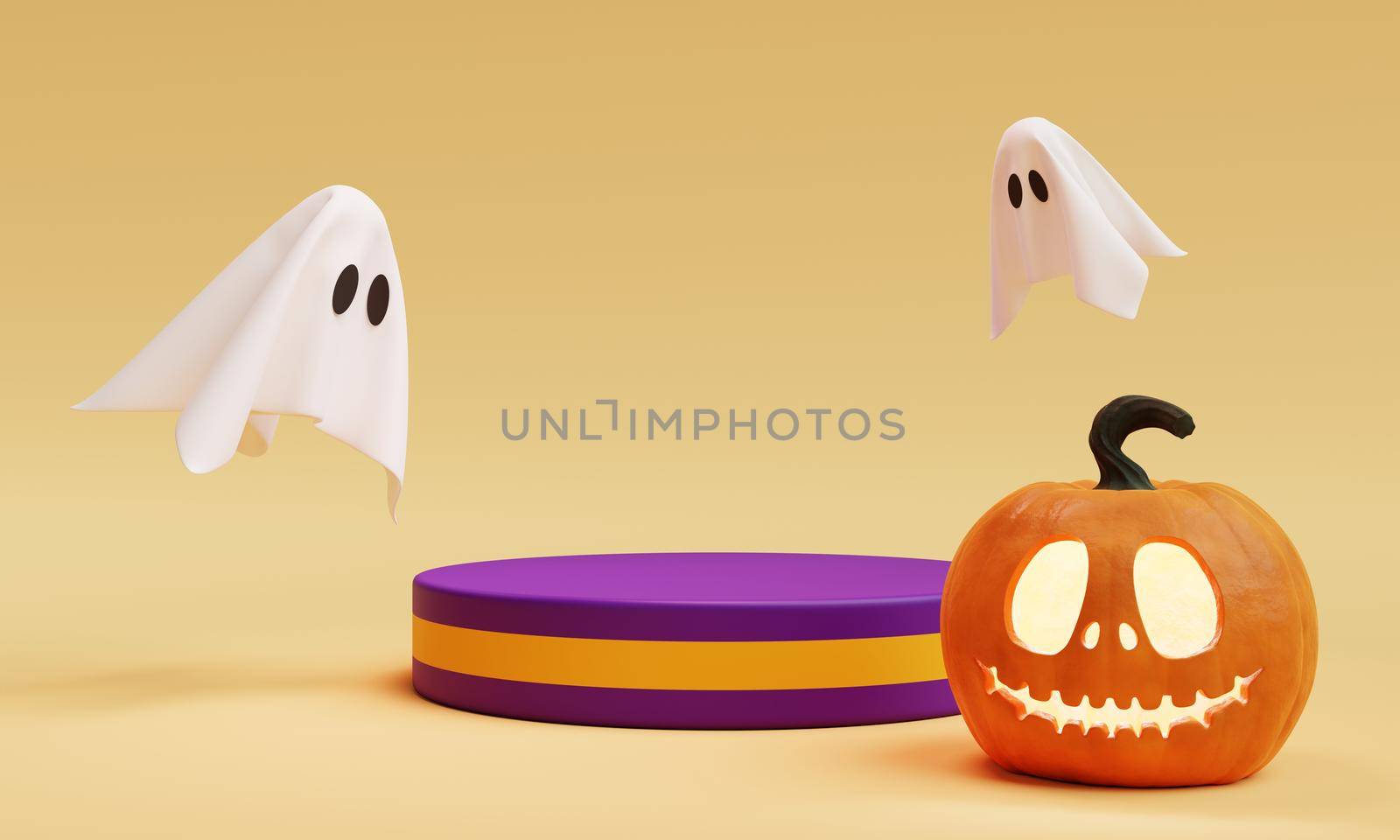 Halloween Jack O Lantern one stage podium for product presentation background. Holiday festival and seasonal concept. 3D illustration rendering by MiniStocker