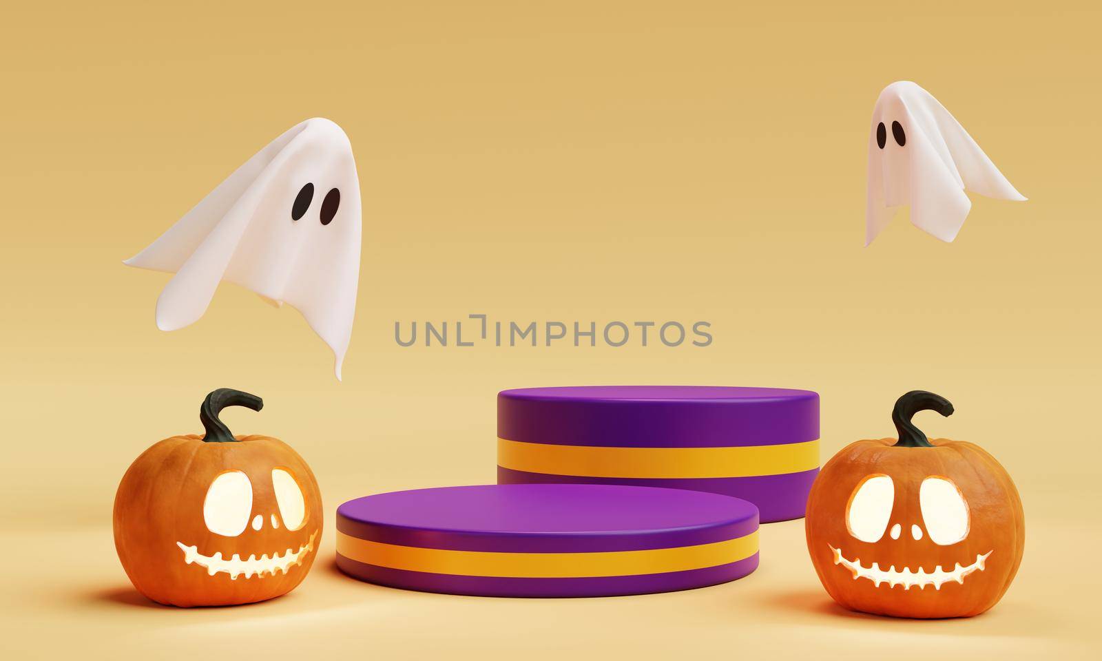 Halloween Jack O Lantern two stage podium for product presentation background. Holiday festival and seasonal concept. 3D illustration rendering by MiniStocker