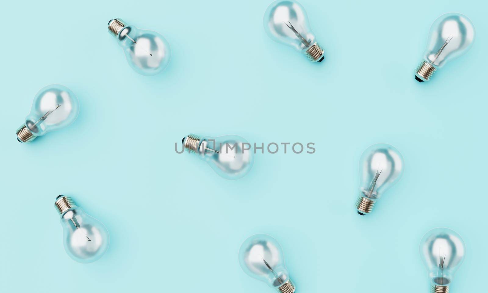 Minimal LIghtbulbs on blue pastel background. Abstract pattern wallpaper and Technology concept. 3D illustration rendering