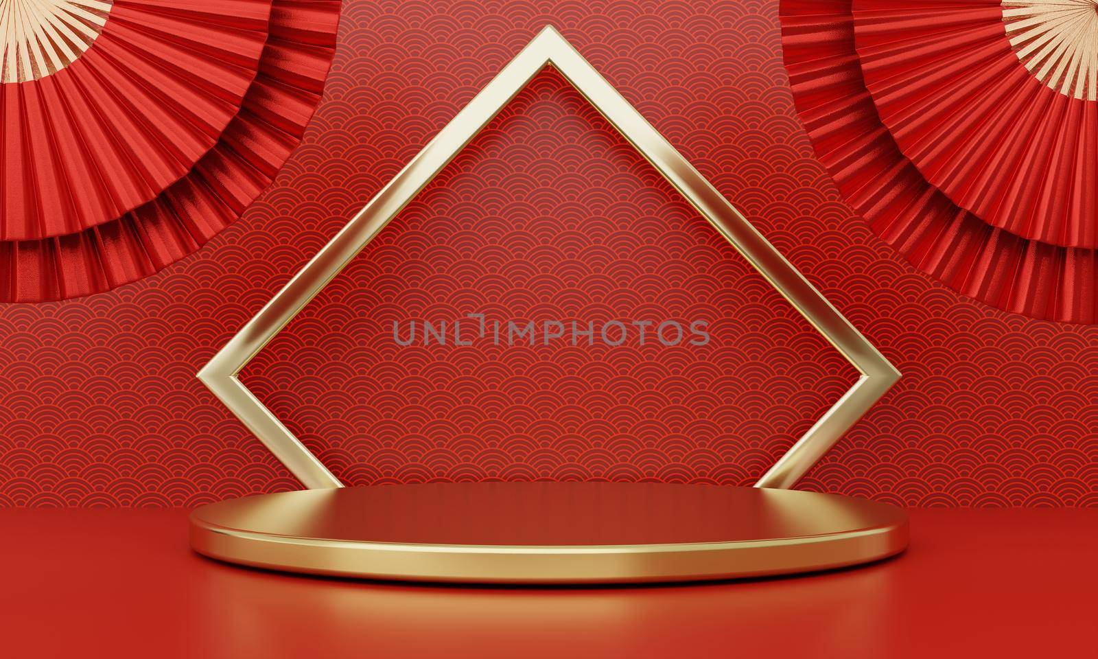 Chinese New Year red modern style one podium product showcase with golden ring frame and China pattern background. Happy holiday traditional festival concept. 3D illustration rendering graphic design by MiniStocker