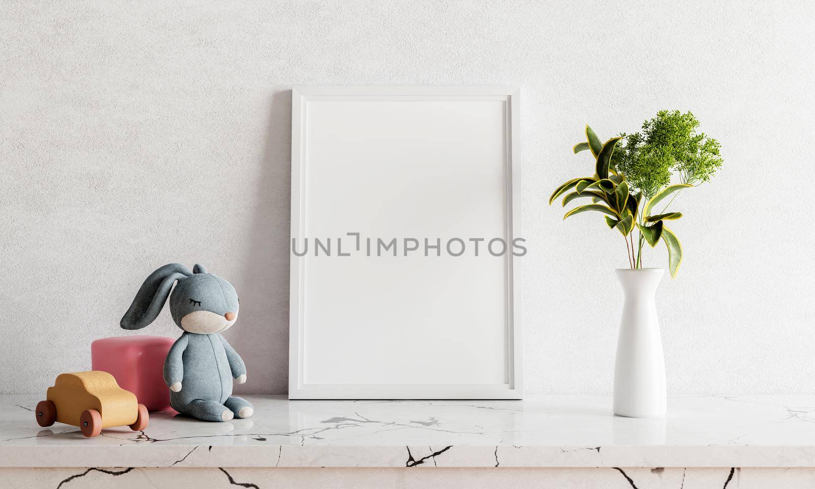 Empty photo frame mockup on white marble table with rabbit doll houseplant plant and wooden toy car. Art and interior home decoration concept. 3D illustration rendering by MiniStocker