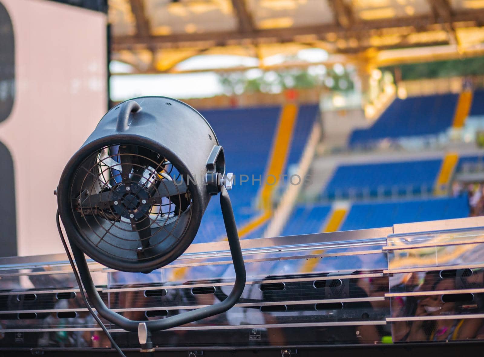 Stage illumination light equipment and projector. Searchlight floor. Element of job lighting. Spotlight on stage before concert