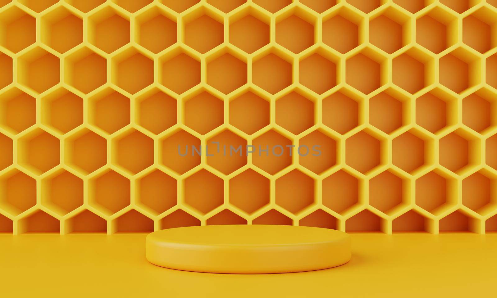 Yellow honeycomb background with minimal podium stage for advertisement. Object and abstract concept. 3D illustration rendering by MiniStocker