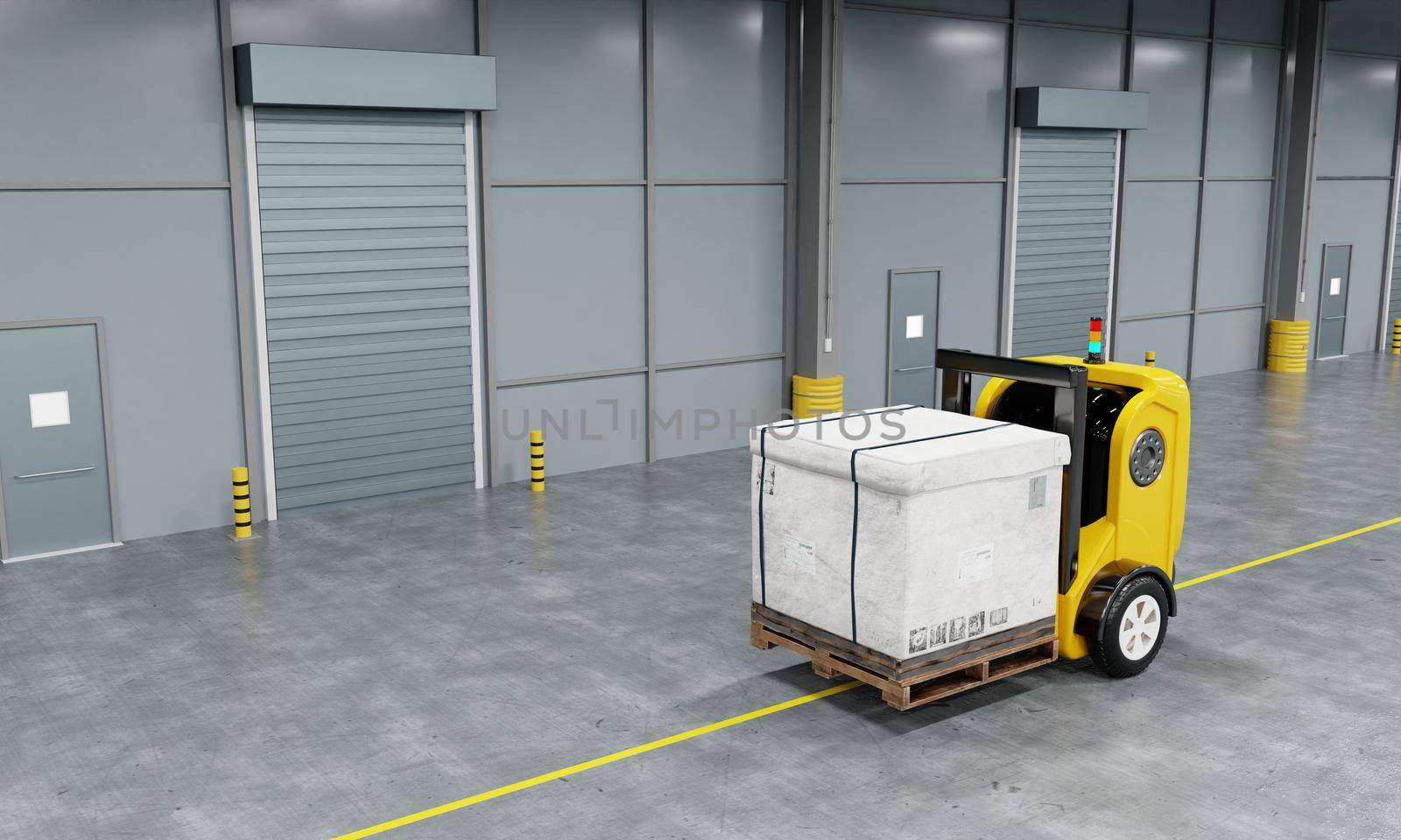 Driverless robotics car forklift robot lifting and moving pallets cardboard box to storage room in the factory background. Business industrial and production concept. and a 3D illustration rendering by MiniStocker